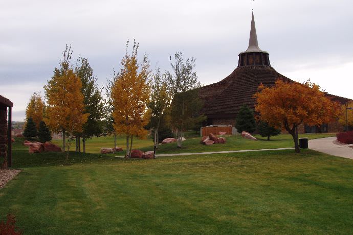 Trees changing color during fall outside of Strickland Chapel.