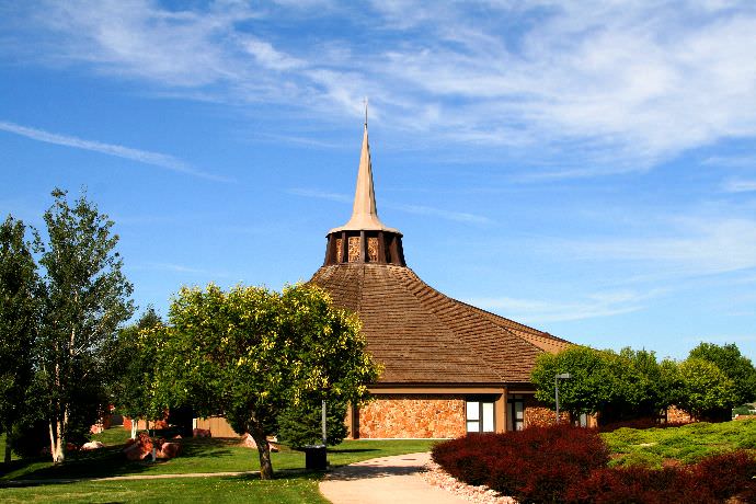 Strickland Chapel gleaming on a sunny spring day in the Rockies.