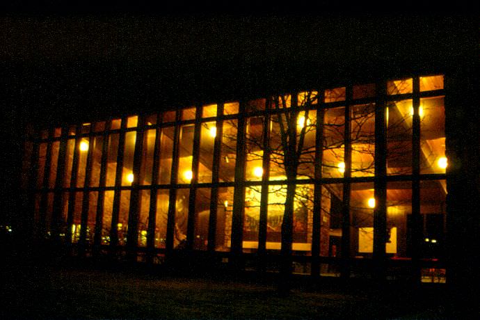 At night from outside of Fireside.