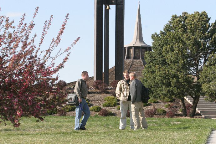 Students fellowshipping between classes.
