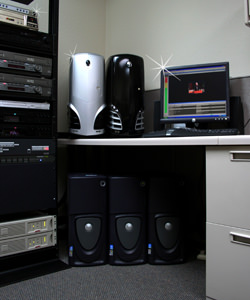 Christian School Online Education encoding stations and rack mounted tapes decks and disc players.